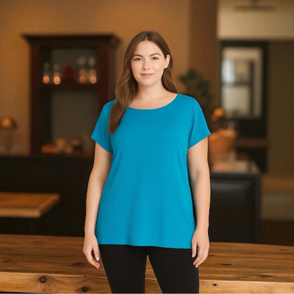 Lane Bryant Blue Ribbed Short Sleeve Tunic w/ Side Slits Stretch Size 10/12 NWT